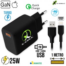 Kit Carregador GAN Turbo 25W USB + Cabo Lightning C 1m XC-UR85 X-Cell - Preto